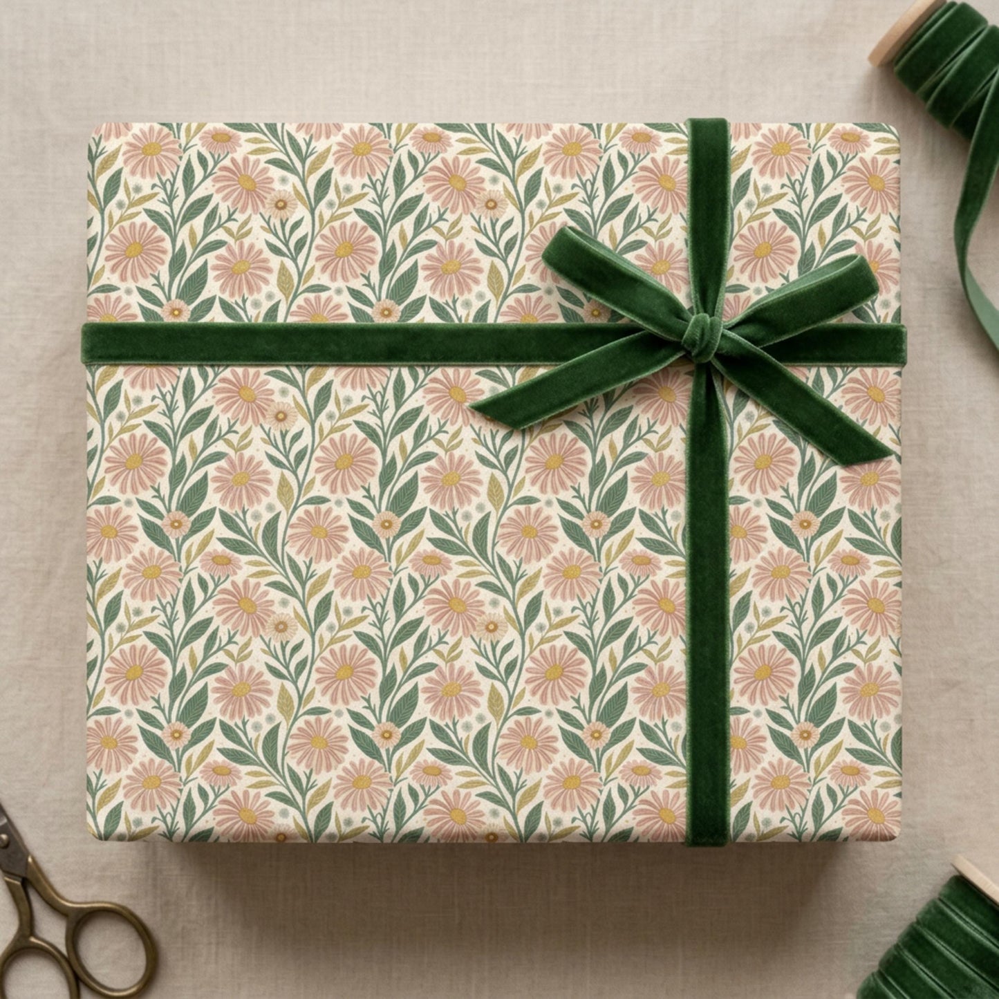Vintage Pink Daisy Wrapping Paper, Retro Floral Gift Wrap Sheet, large size