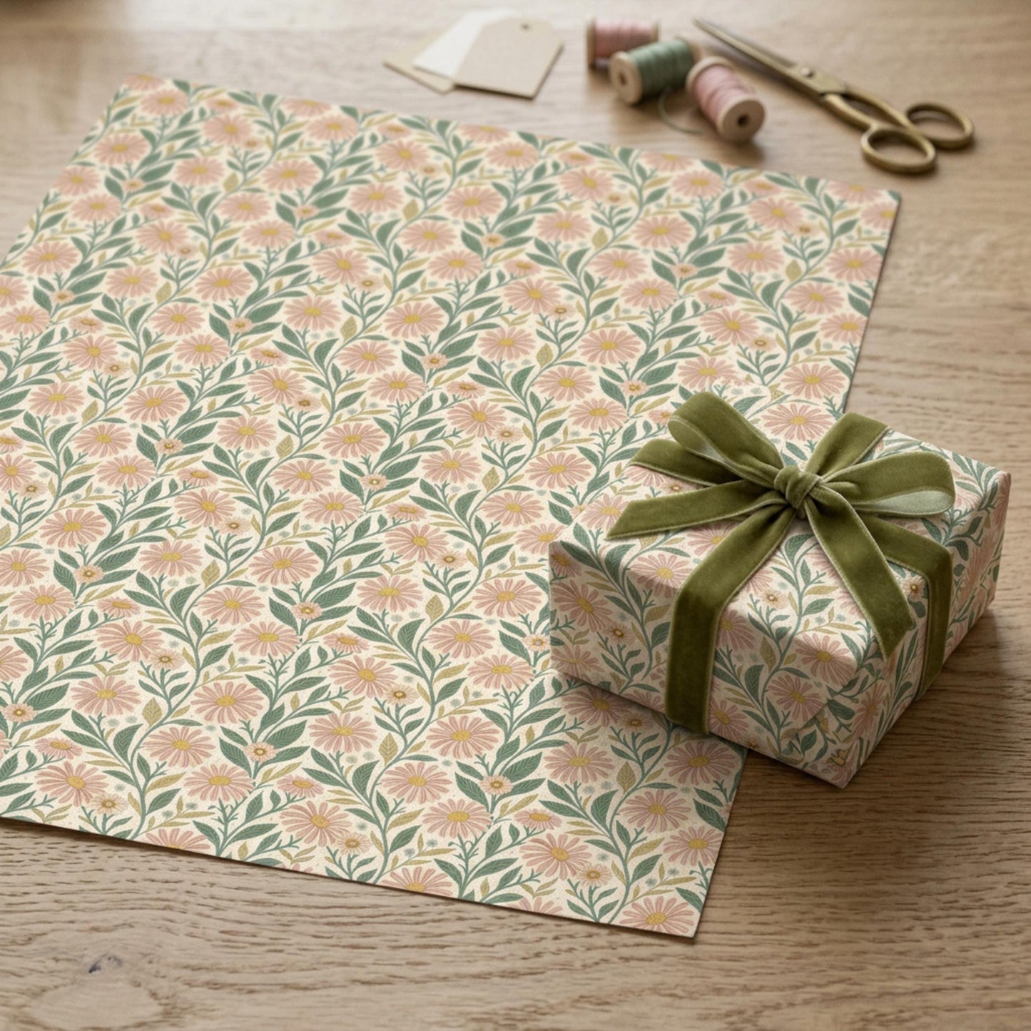 Vintage Pink Daisy Wrapping Paper, Retro Floral Gift Wrap Sheet, large size