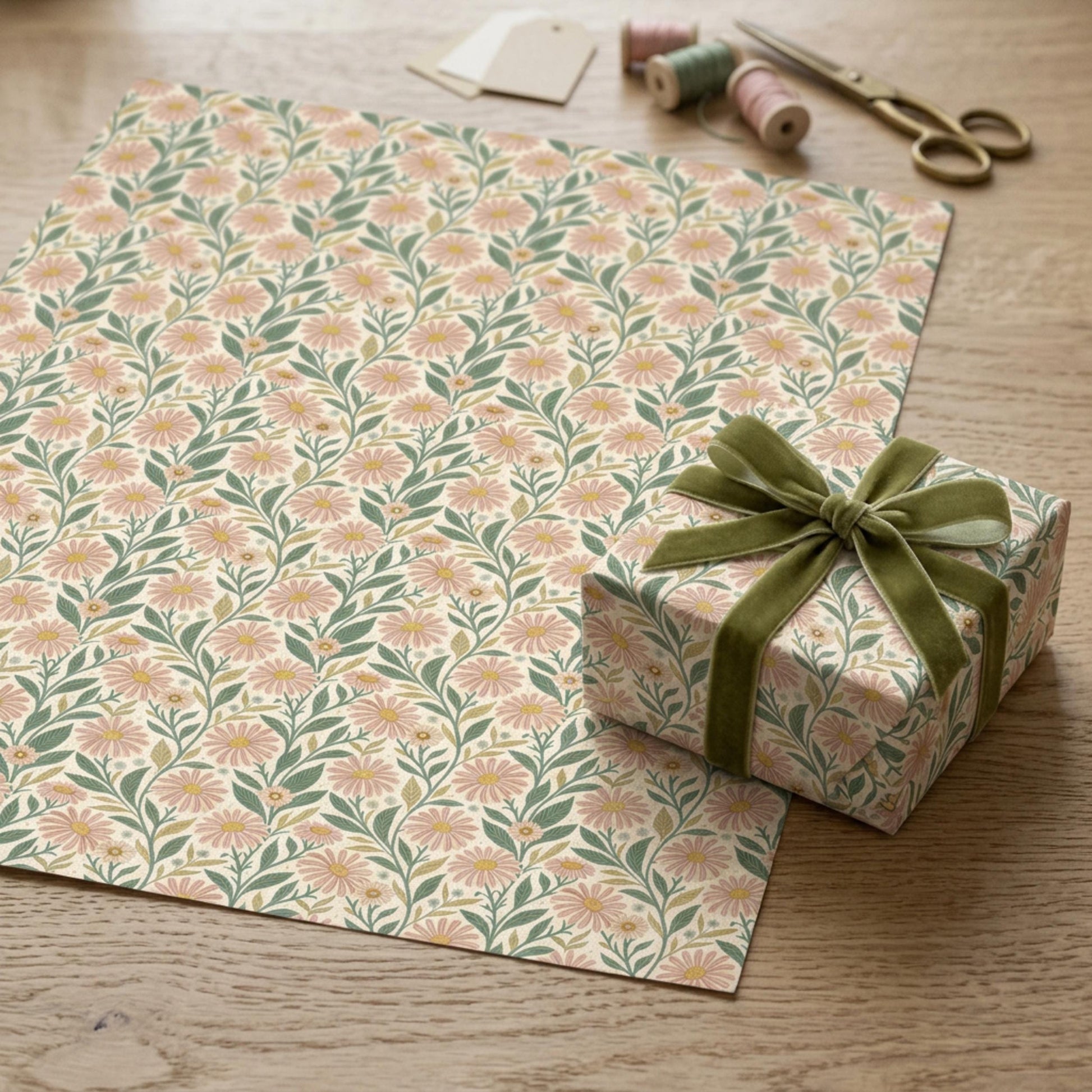 Vintage Pink Daisy Wrapping Paper, Retro Floral Gift Wrap Sheet, large size