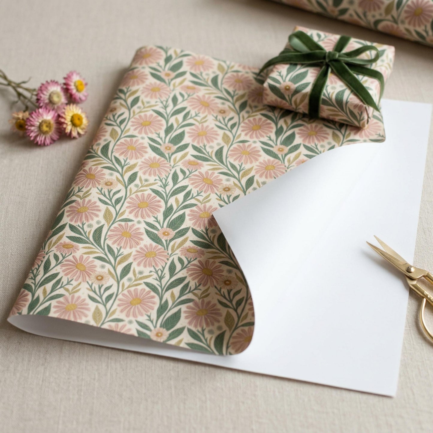 Vintage Pink Daisy Wrapping Paper, Retro Floral Gift Wrap Sheet, large size