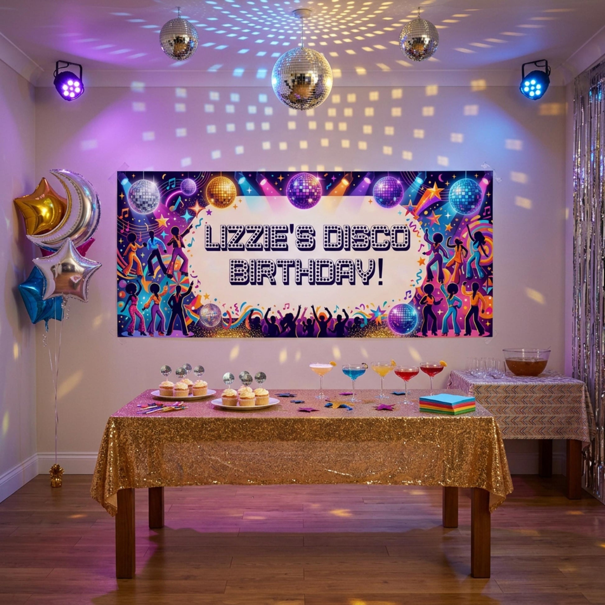 Personalised Disco Birthday Banner, Custom 70s Retro Party Backdrop