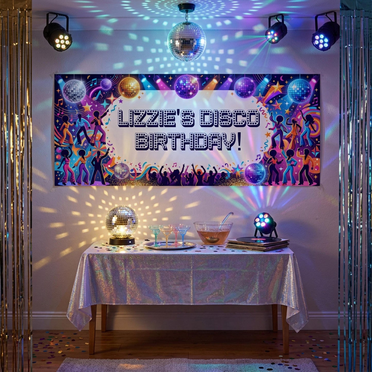 Personalised Disco Birthday Banner, Custom 70s Retro Party Backdrop