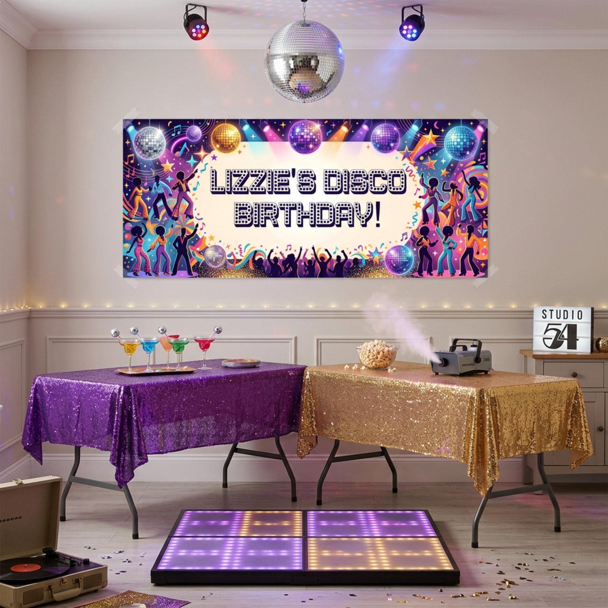 Personalised Disco Birthday Banner, Custom 70s Retro Party Backdrop