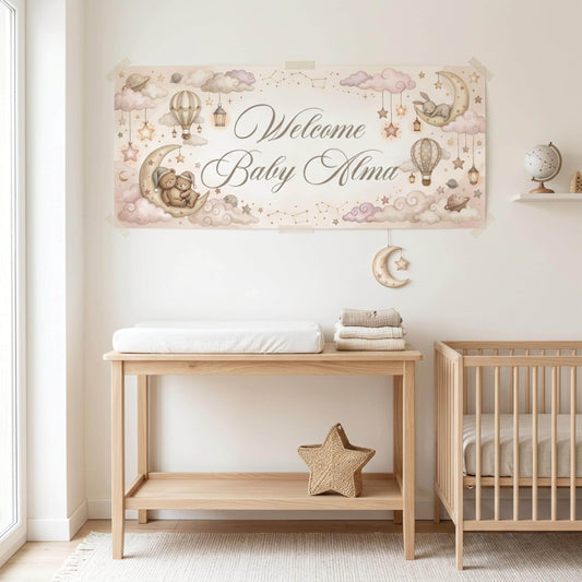 Personalised Welcome Baby Girl Banner, Celestial Nursery Backdrop