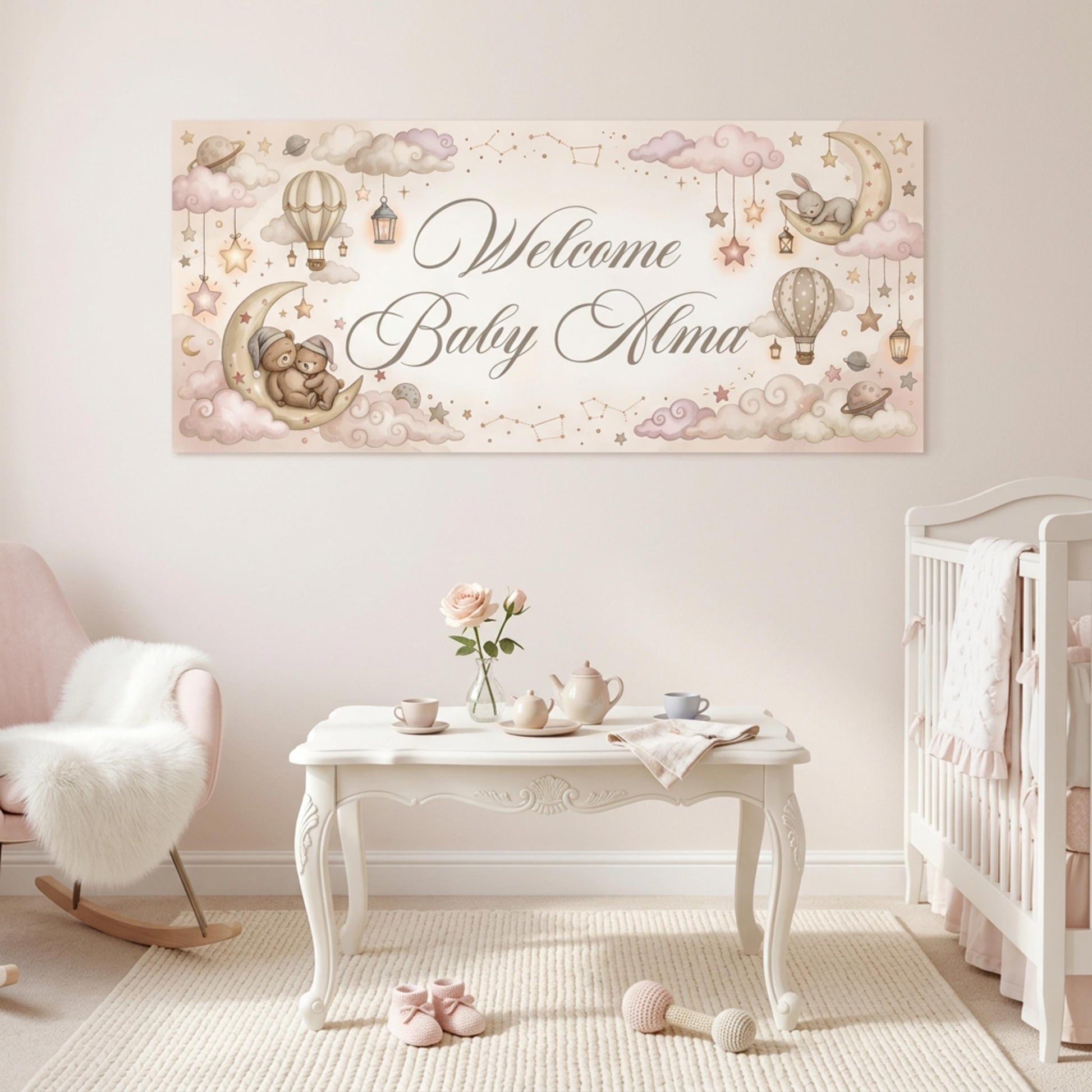 Personalised Welcome Baby Girl Banner, Celestial Nursery Backdrop