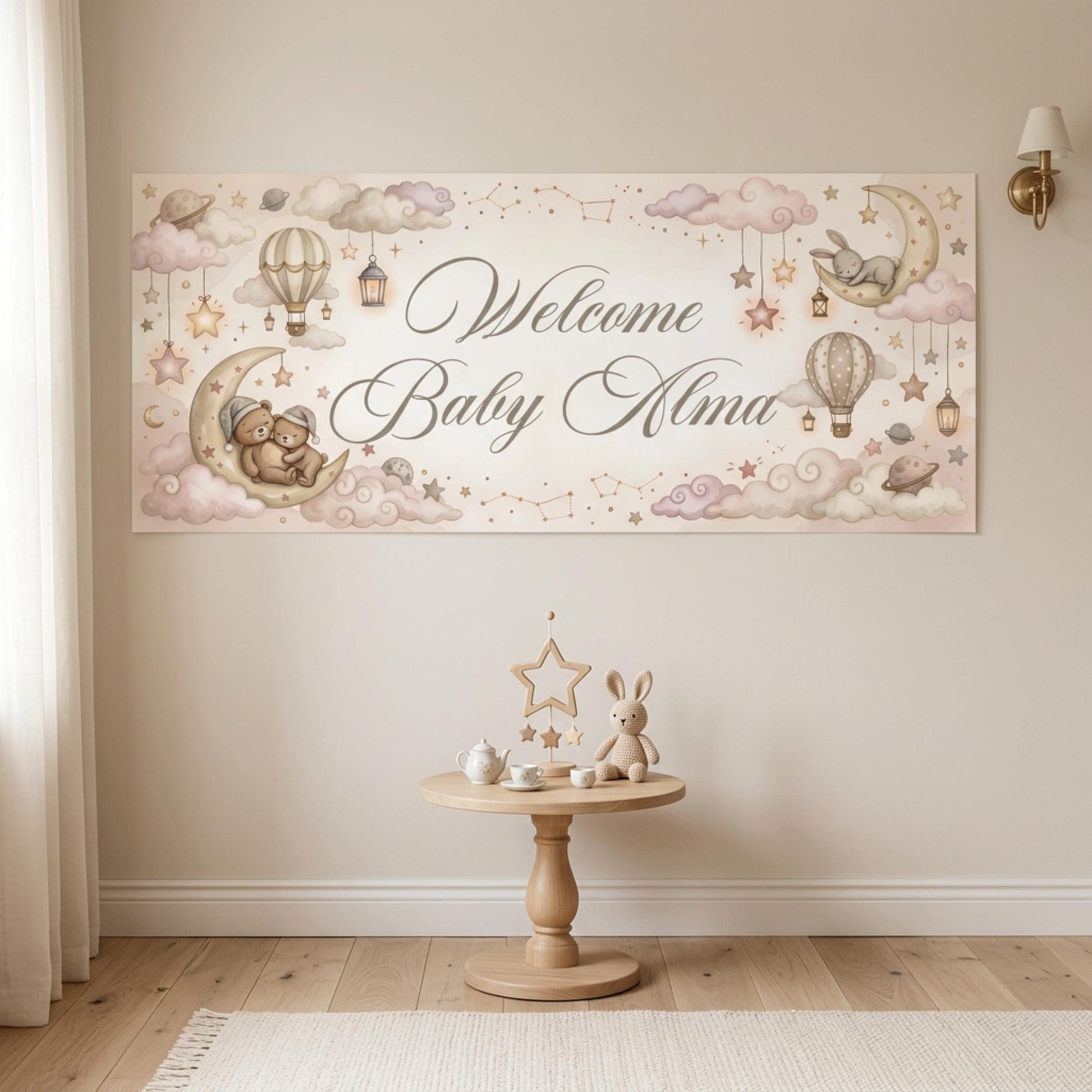 Personalised Welcome Baby Girl Banner, Celestial Nursery Backdrop