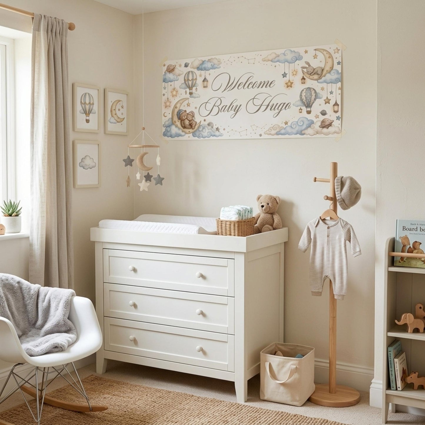 Personalised Welcome Baby Boy Banner, Custom Celestial Nursery Backdrop