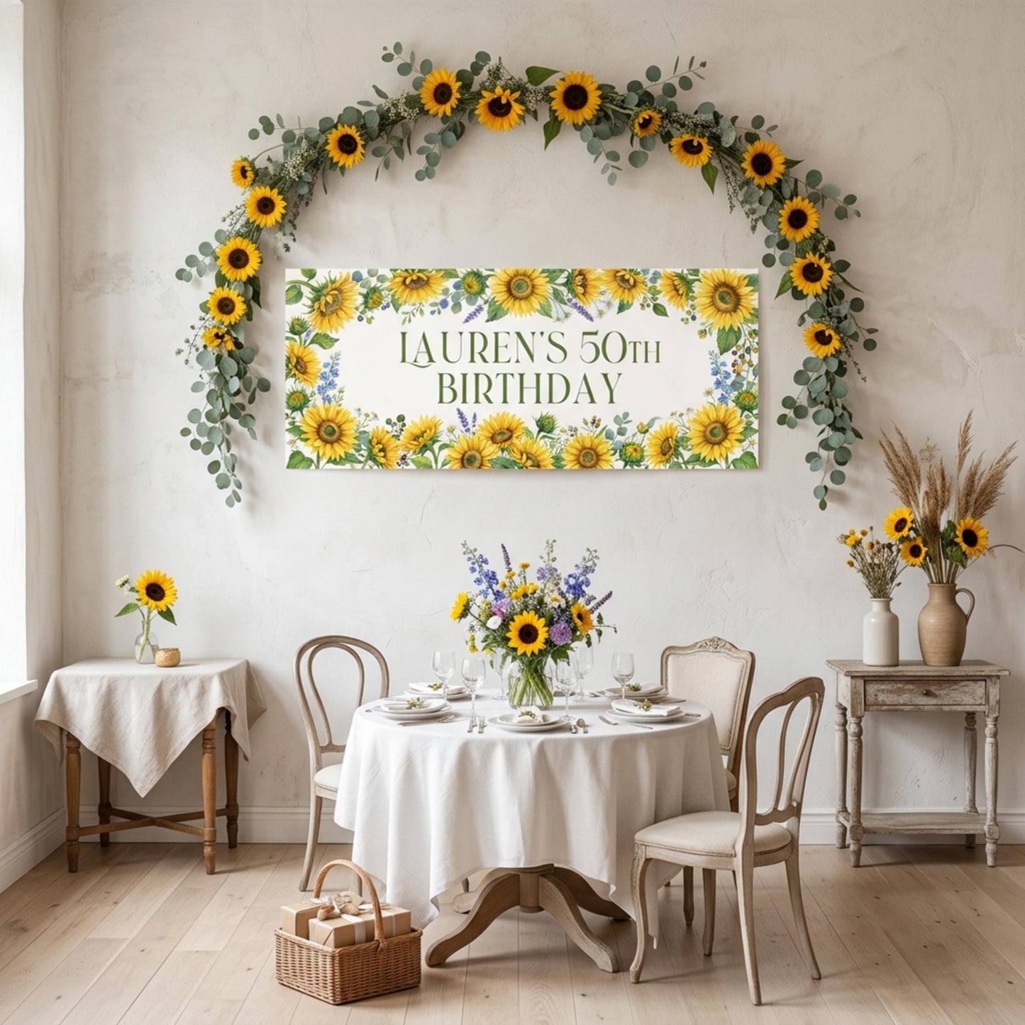 Personalised Sunflower Birthday Banner, Custom Floral Backdrop, Rustic Floral Wall Sign