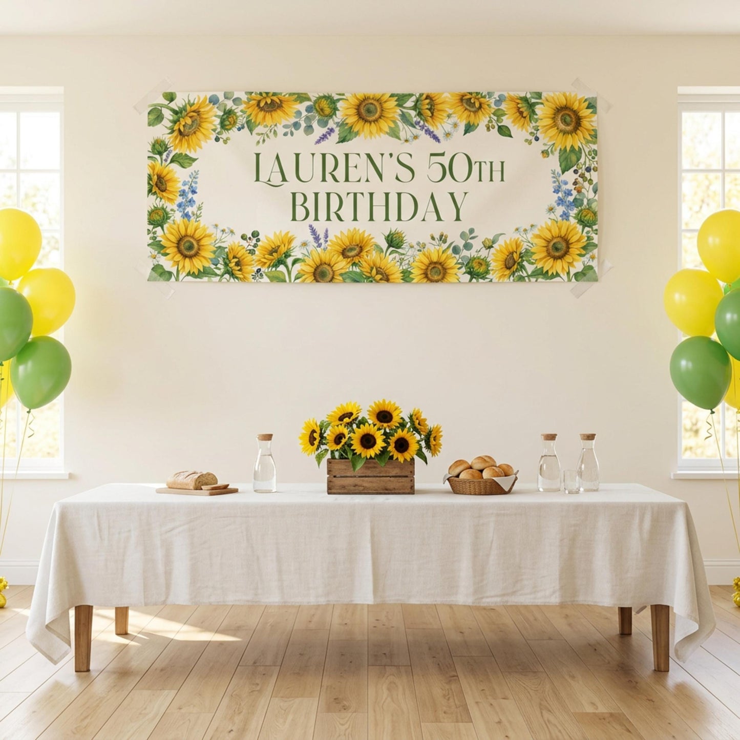 Personalised Sunflower Birthday Banner, Custom Floral Backdrop, Rustic Floral Wall Sign
