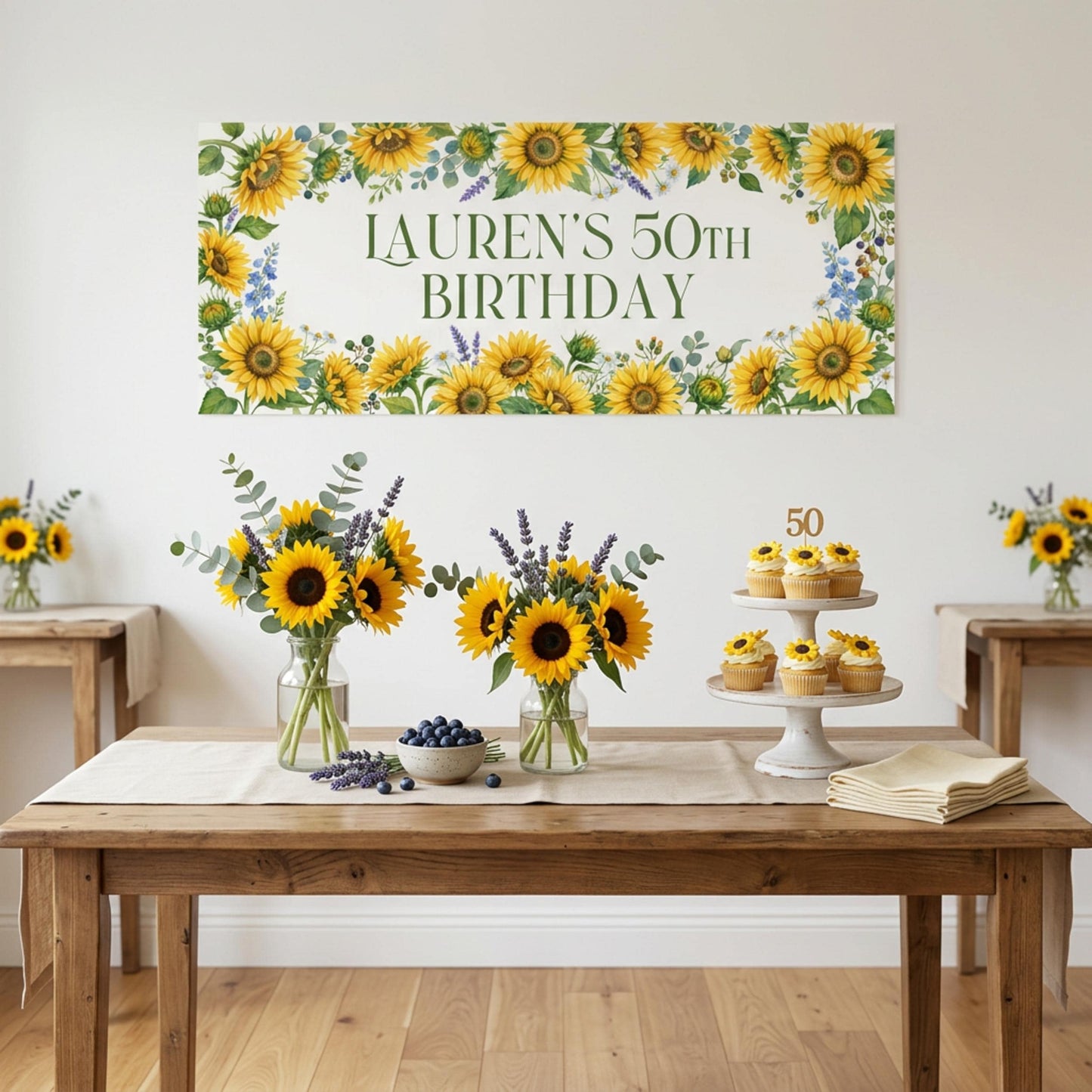 Personalised Sunflower Birthday Banner, Custom Floral Backdrop, Rustic Floral Wall Sign