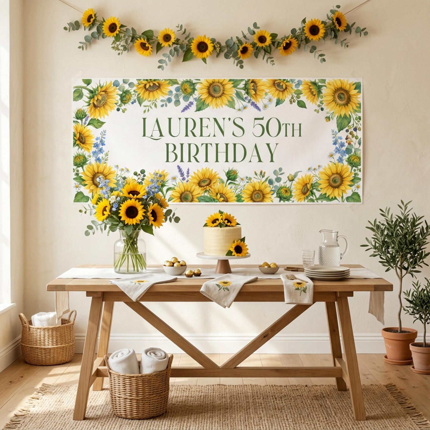 Personalised Sunflower Birthday Banner, Custom Floral Backdrop, Rustic Floral Wall Sign