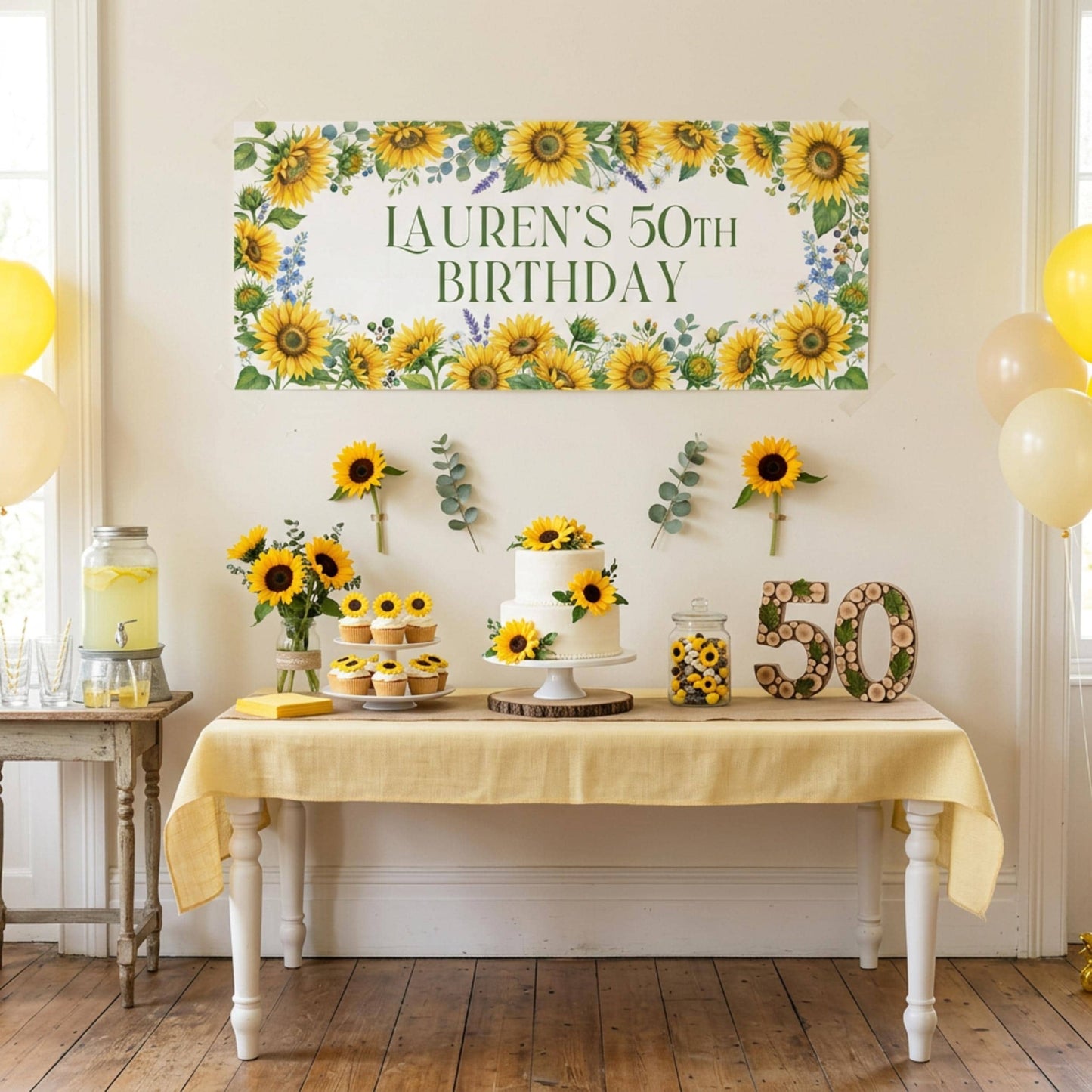 Personalised Sunflower Birthday Banner, Custom Floral Backdrop, Rustic Floral Wall Sign