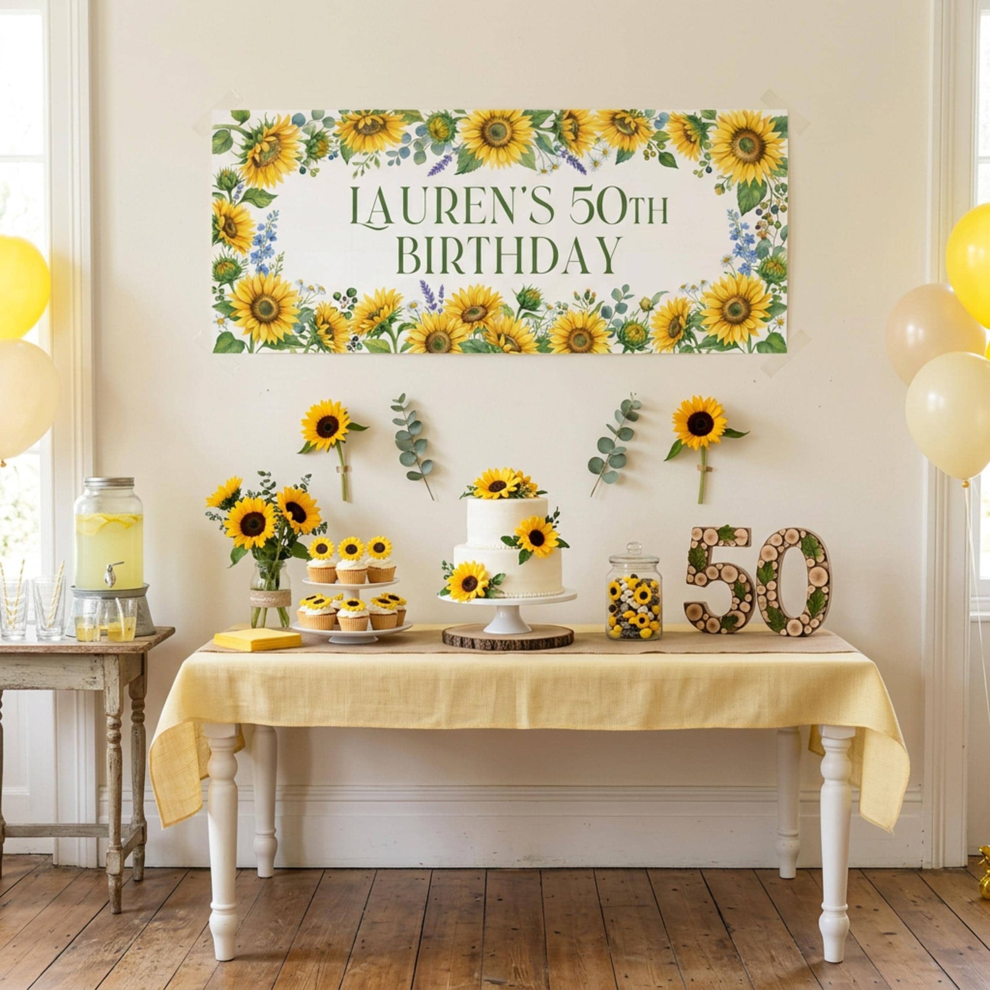 Personalised Sunflower Birthday Banner, Custom Floral Backdrop, Rustic Floral Wall Sign