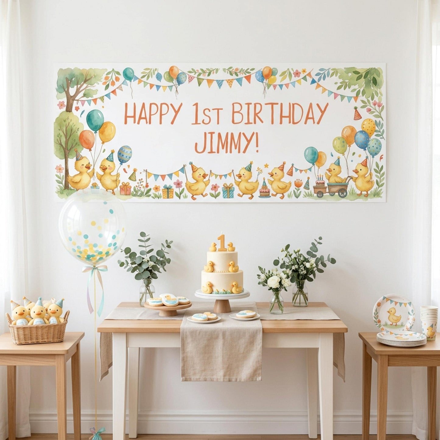 Personalised Little Ducks Birthday Banner, Duckling Party Backdrop, 1st Birthday Wall Sign Decor