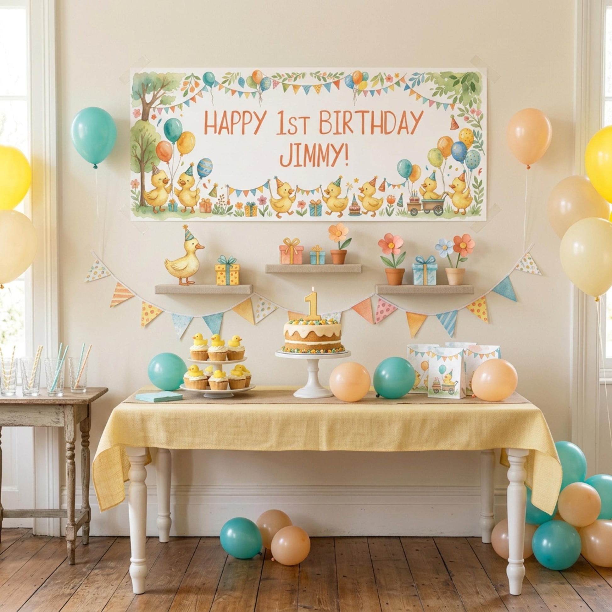 Personalised Little Ducks Birthday Banner, Duckling Party Backdrop, 1st Birthday Wall Sign Decor