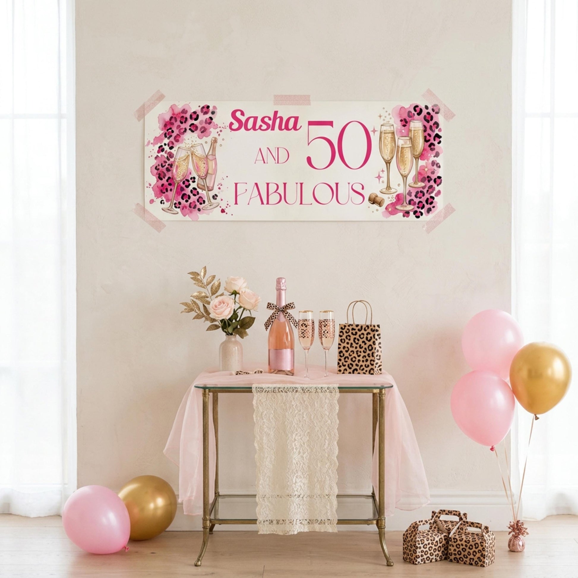 Personalised 50 and Fabulous Birthday Banner - Pink Leopard print wall decor