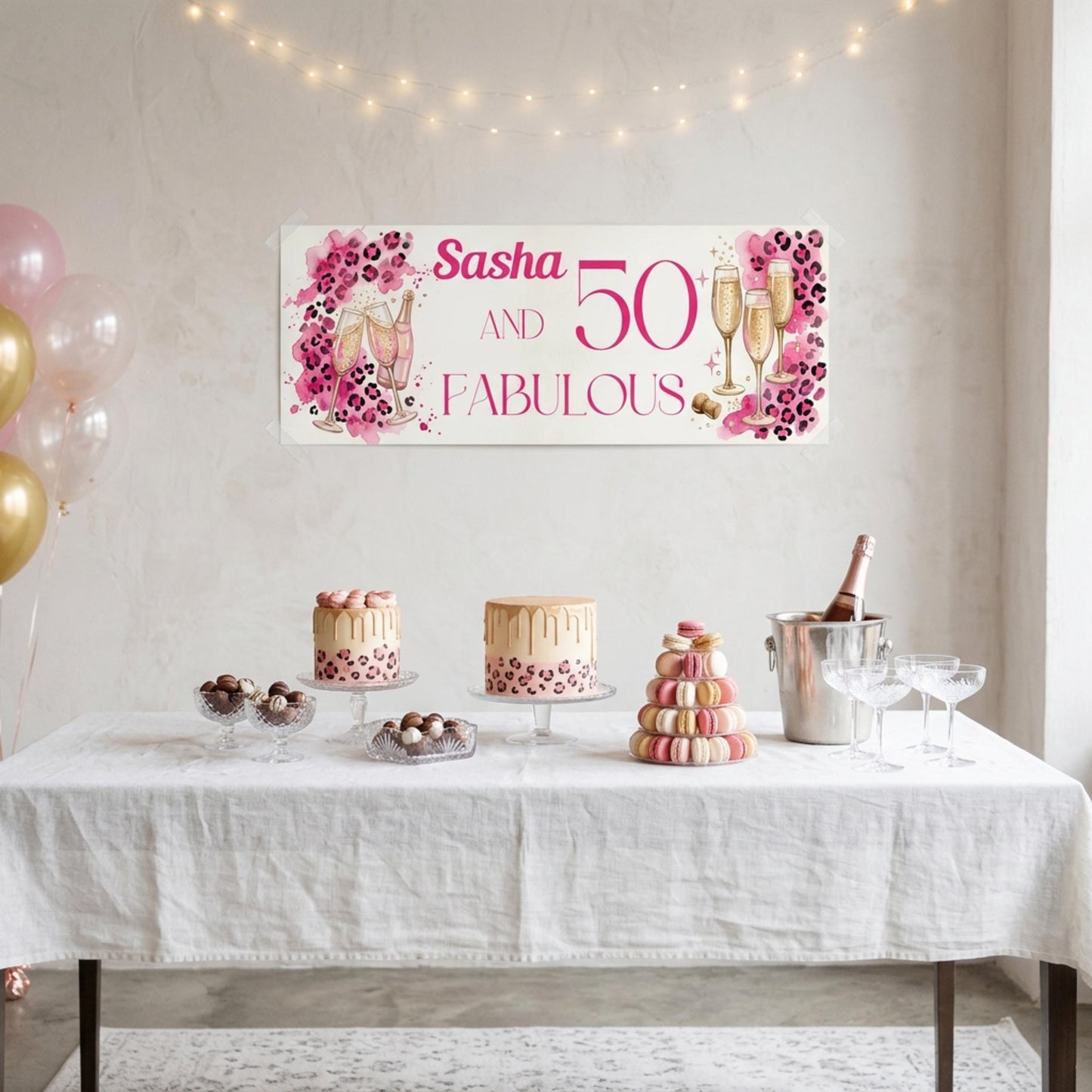 Personalised 50 and Fabulous Birthday Banner - Pink Leopard print wall decor