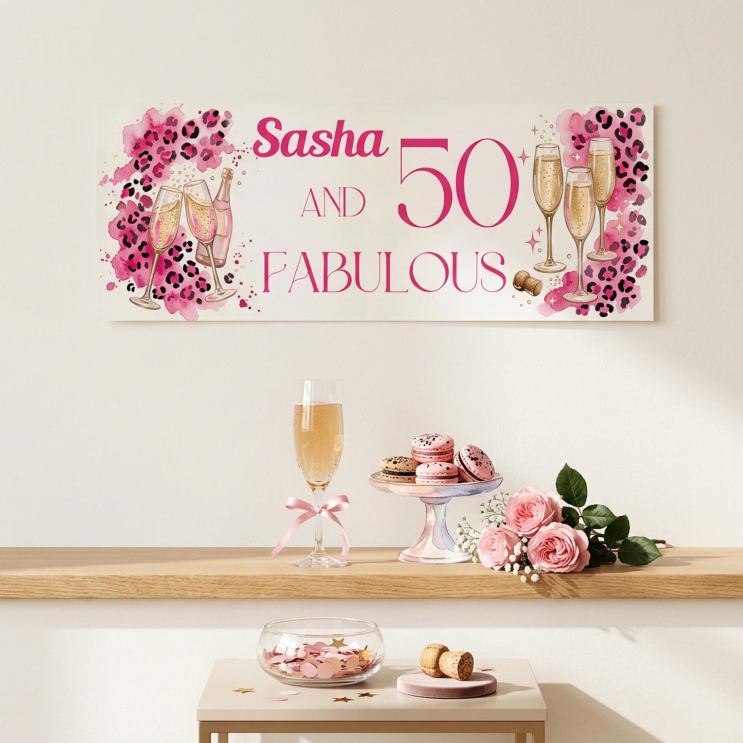 Personalised 50 and Fabulous Birthday Banner - Pink Leopard print wall decor