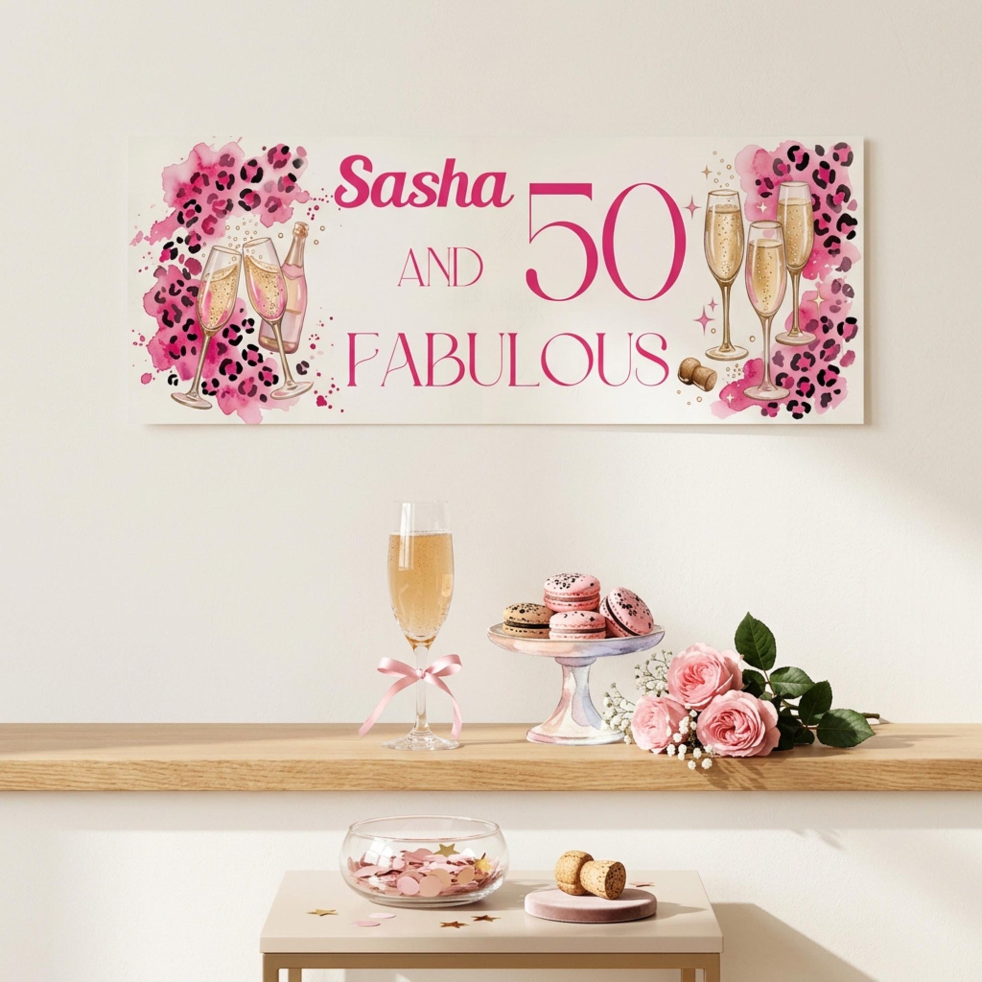 Personalised 50 and Fabulous Birthday Banner - Pink Leopard print wall decor