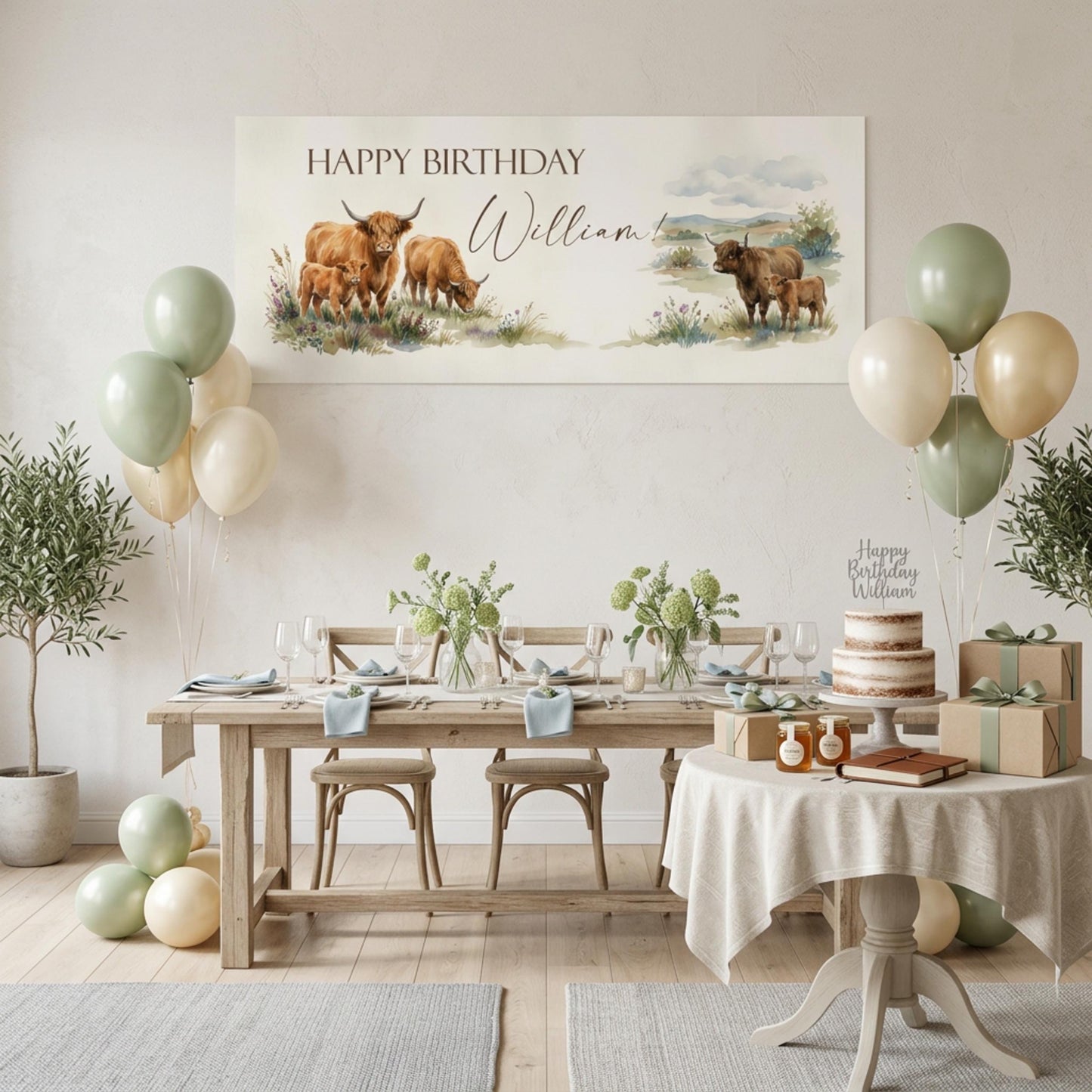 Personalised Highland Cow Birthday Banner for Him, Men's Rustic Scottish Decor