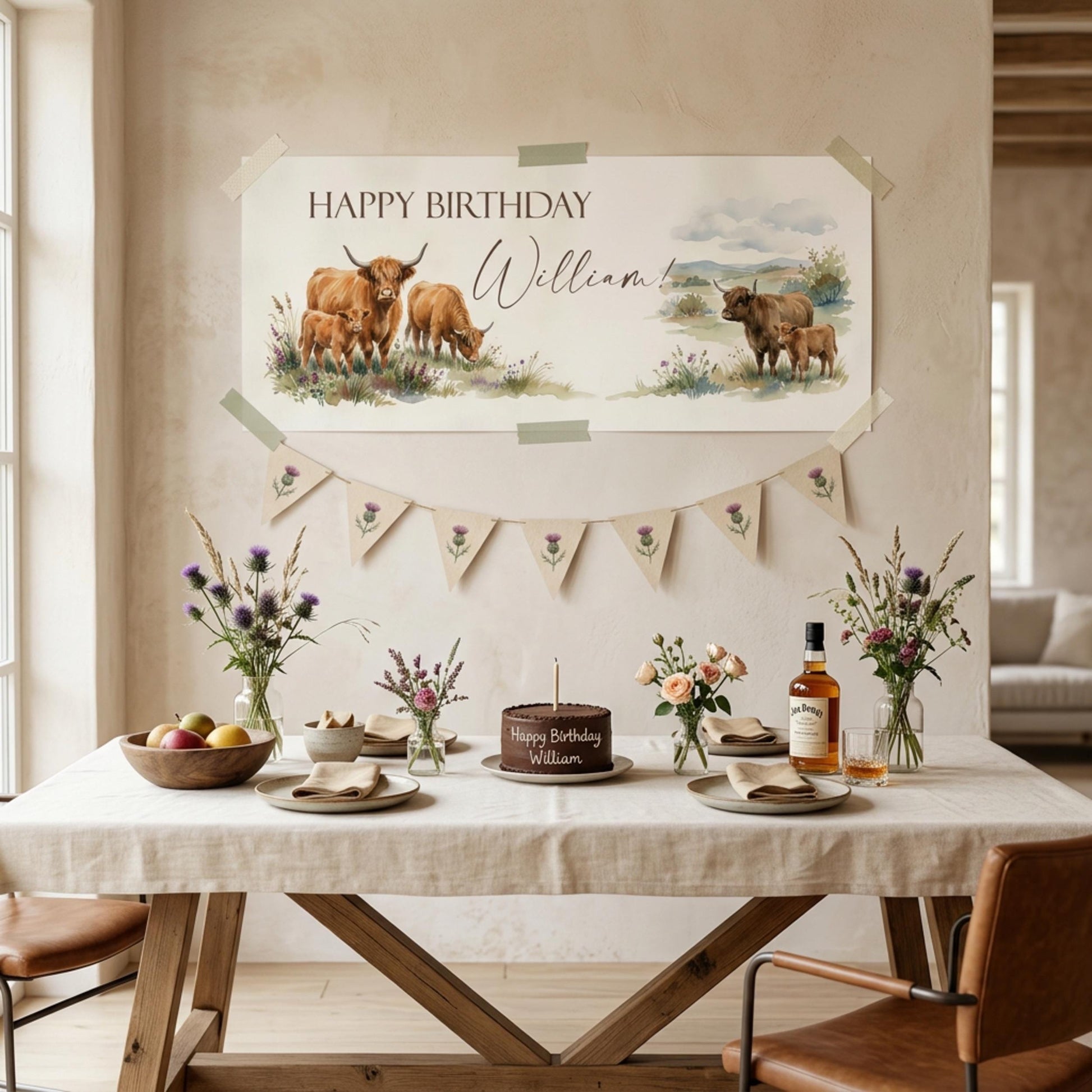 Personalised Highland Cow Birthday Banner for Him, Men's Rustic Scottish Decor