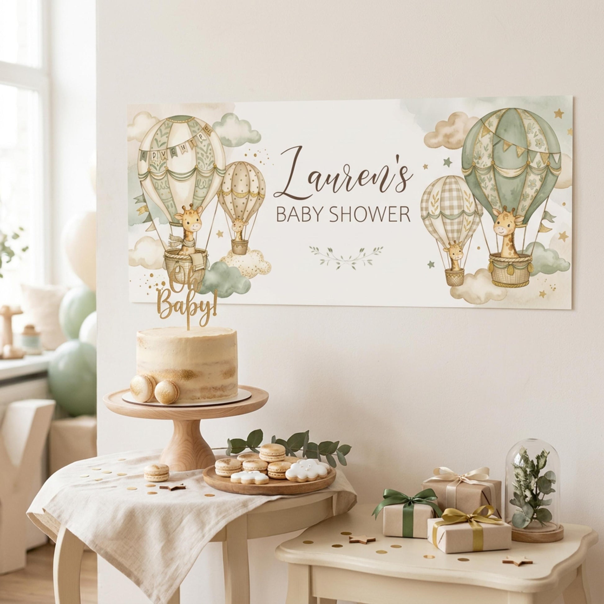 Personalised Neutral Baby Shower Banner, Giraffe & Hot Air Balloon, Gender Reveal Party Sign