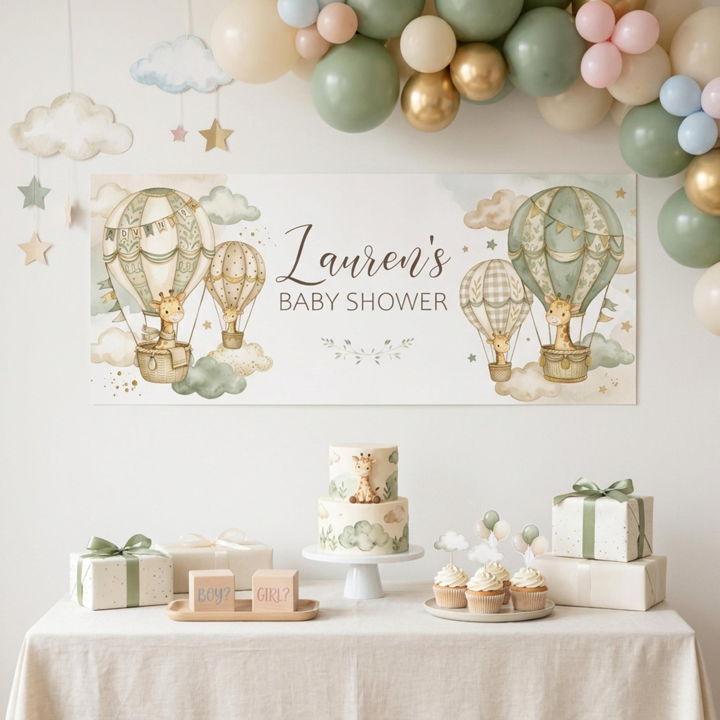 Personalised Neutral Baby Shower Banner, Giraffe & Hot Air Balloon, Gender Reveal Party Sign