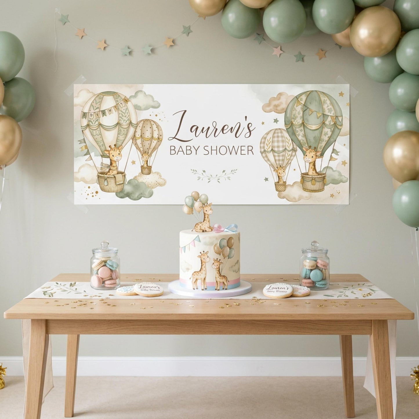 Personalised Neutral Baby Shower Banner, Giraffe & Hot Air Balloon, Gender Reveal Party Sign