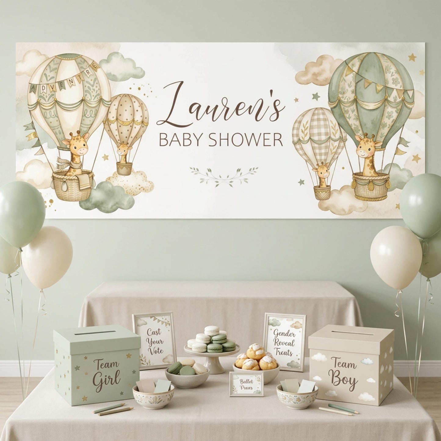 Personalised Neutral Baby Shower Banner, Giraffe & Hot Air Balloon, Gender Reveal Party Sign