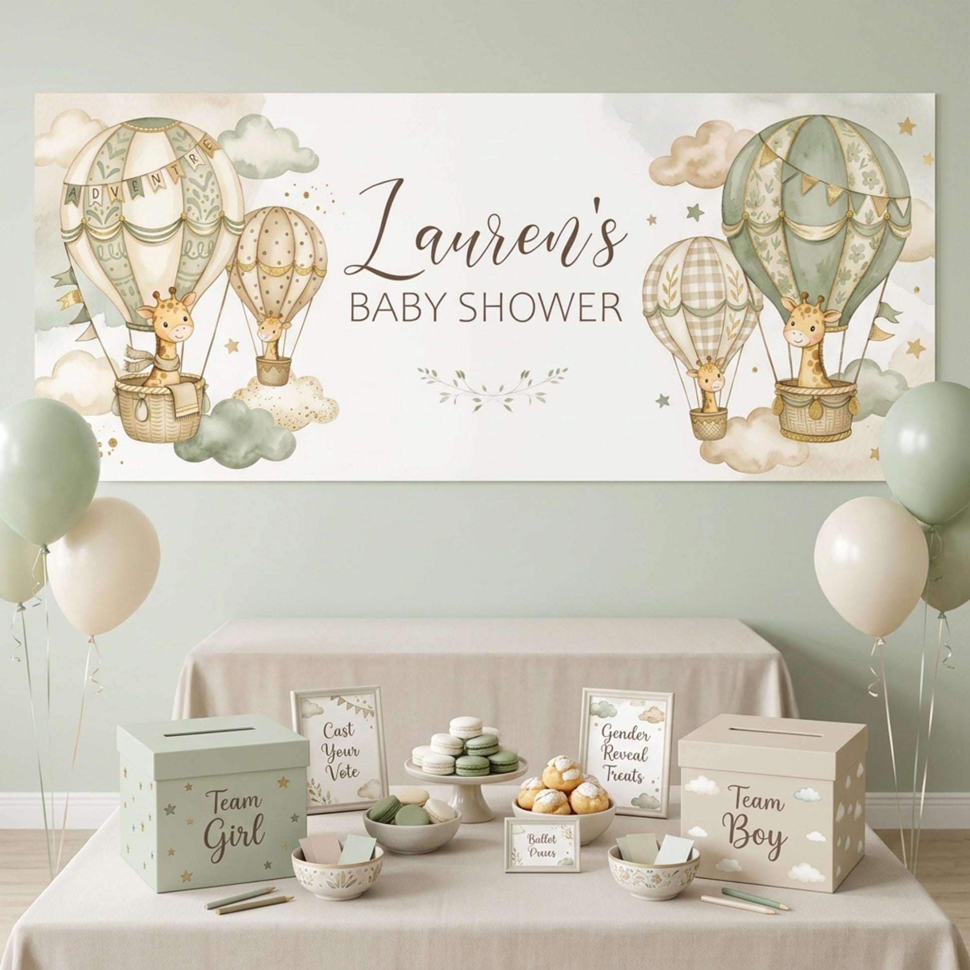 Personalised Neutral Baby Shower Banner, Giraffe & Hot Air Balloon, Gender Reveal Party Sign