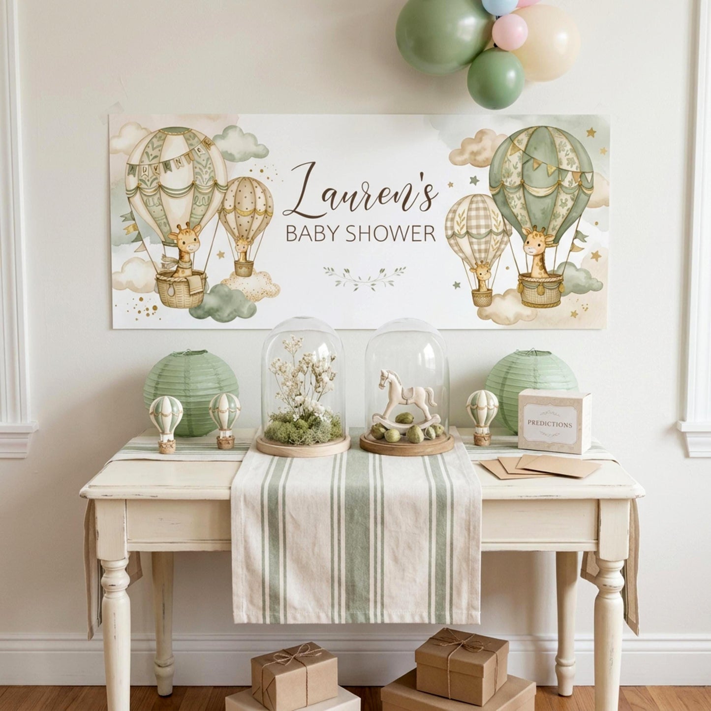 Personalised Neutral Baby Shower Banner, Giraffe & Hot Air Balloon, Gender Reveal Party Sign