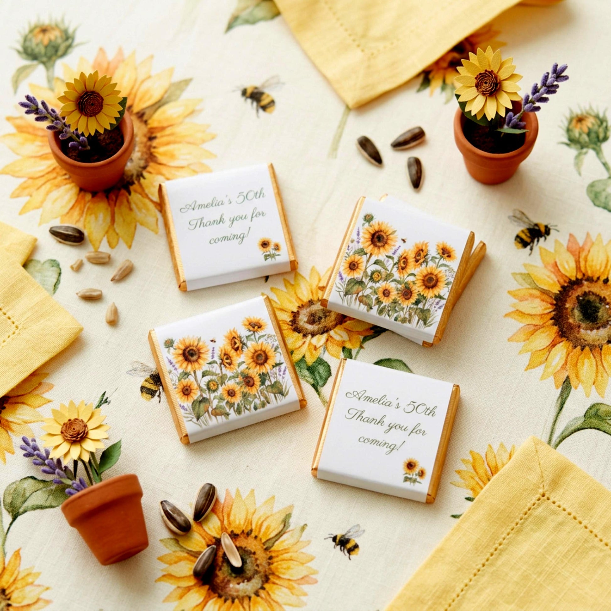 Personalised Sunflower Chocolate Favours - Rustic Floral Wedding Table Decor - 50th Birthday Party Bag Fillers
