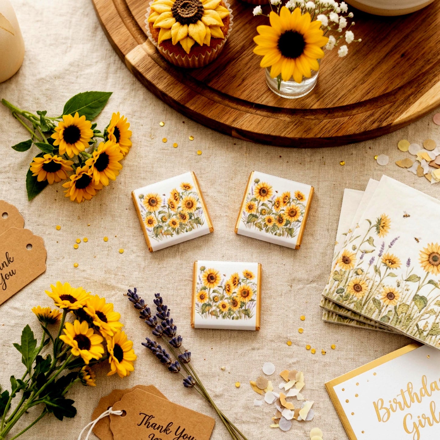 Personalised Sunflower Chocolate Favours - Rustic Floral Wedding Table Decor - 50th Birthday Party Bag Fillers