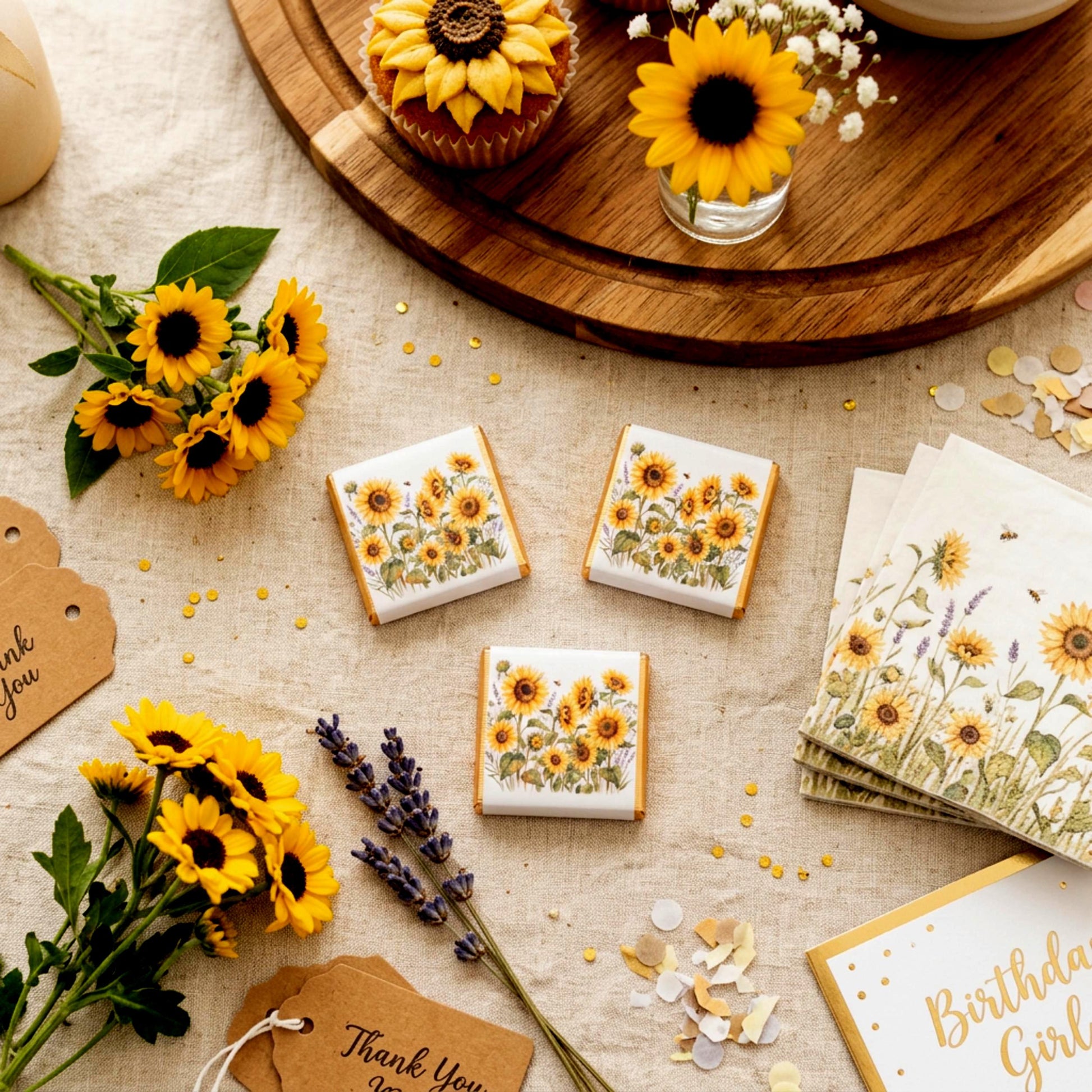 Personalised Sunflower Chocolate Favours - Rustic Floral Wedding Table Decor - 50th Birthday Party Bag Fillers