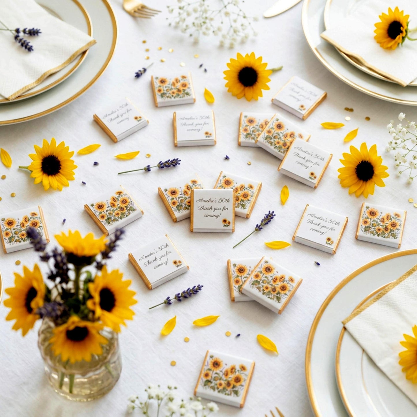 Personalised Sunflower Chocolate Favours - Rustic Floral Wedding Table Decor - 50th Birthday Party Bag Fillers