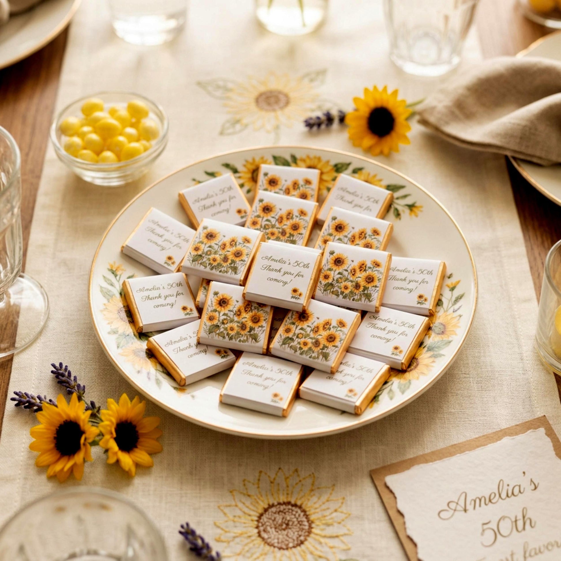 Personalised Sunflower Chocolate Favours - Rustic Floral Wedding Table Decor - 50th Birthday Party Bag Fillers
