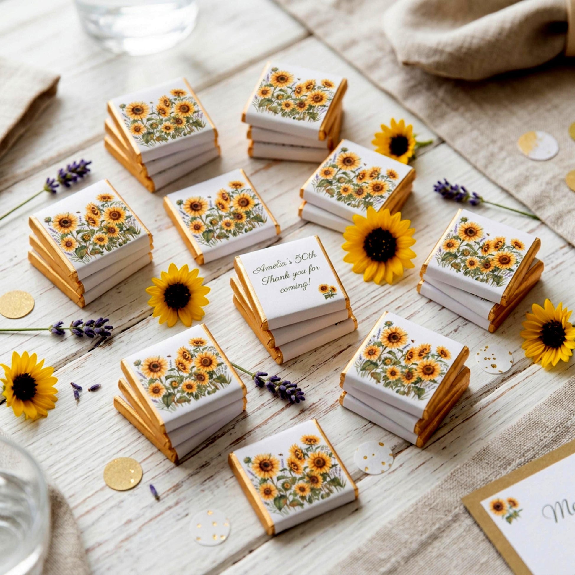 Personalised Sunflower Chocolate Favours - Rustic Floral Wedding Table Decor - 50th Birthday Party Bag Fillers