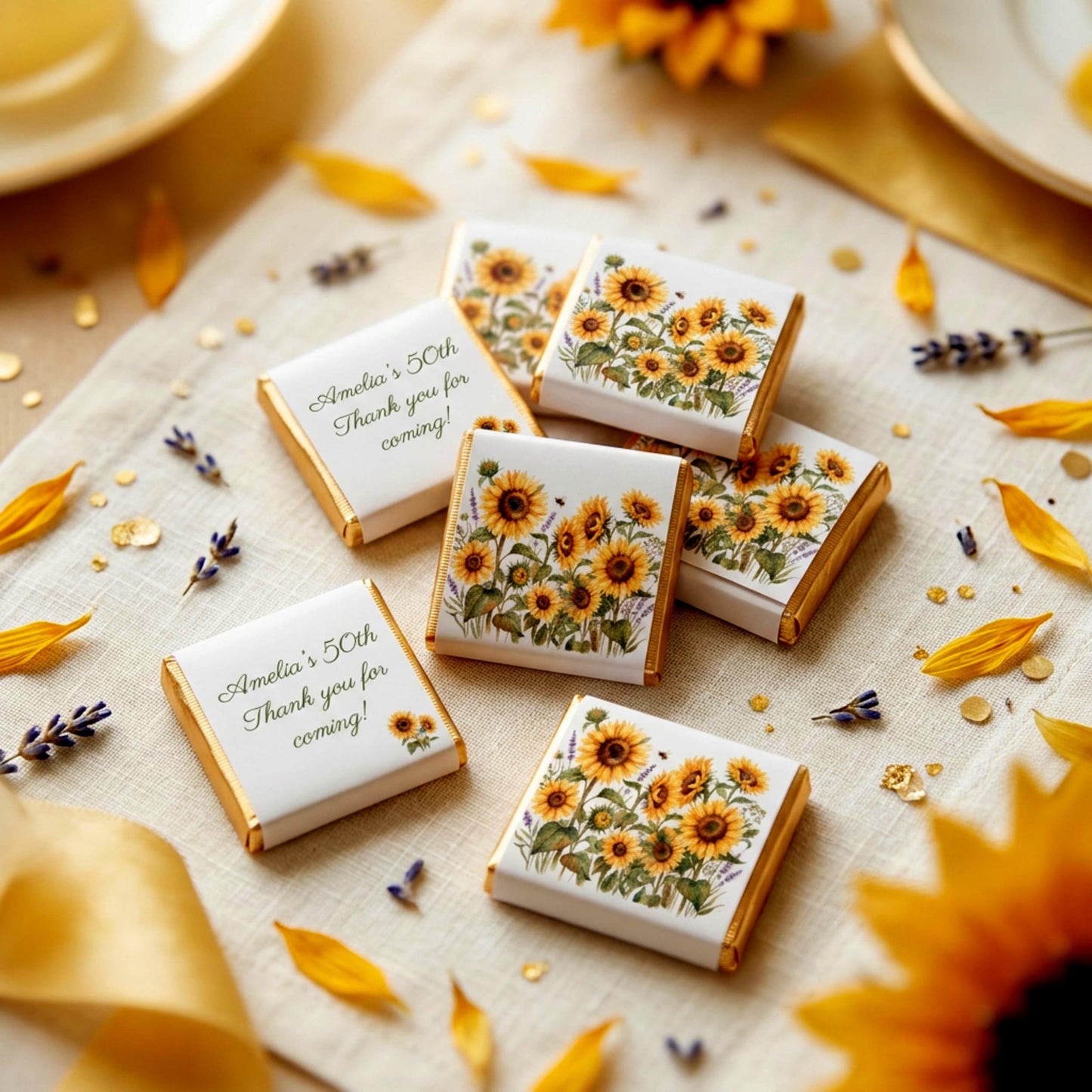 Personalised Sunflower Chocolate Favours - Rustic Floral Wedding Table Decor - 50th Birthday Party Bag Fillers