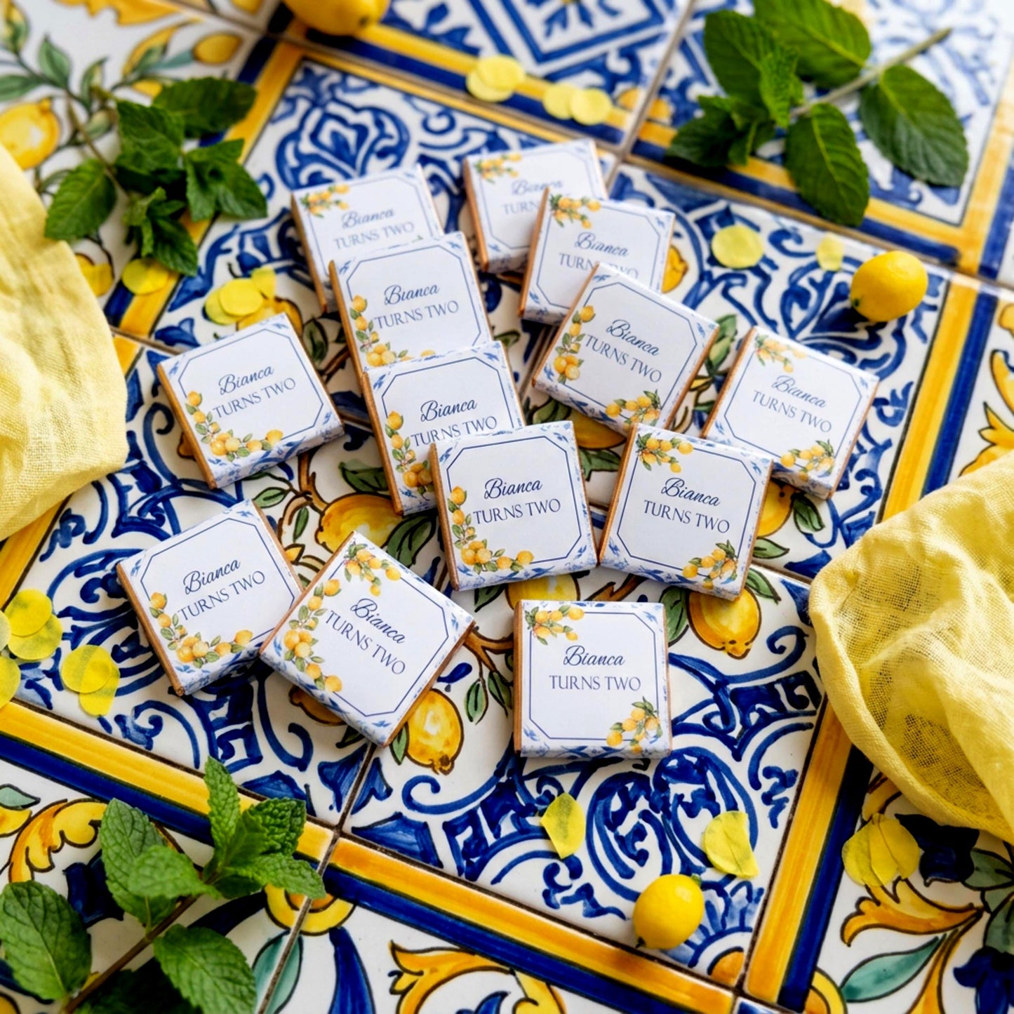 Personalised Mediterranean Lemon Chocolate Favours - Italian Blue Tile Birthday Decor - Citrus Party Bag Fillers