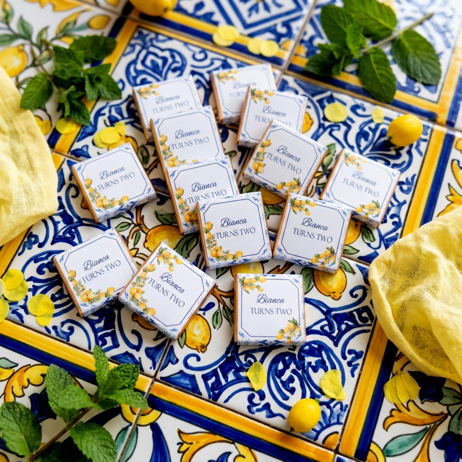Personalised Mediterranean Lemon Chocolate Favours - Italian Blue Tile Birthday Decor - Citrus Party Bag Fillers