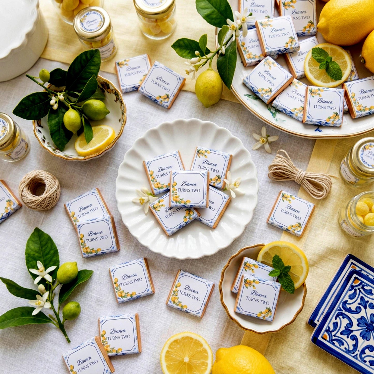 Personalised Mediterranean Lemon Chocolate Favours - Italian Blue Tile Birthday Decor - Citrus Party Bag Fillers