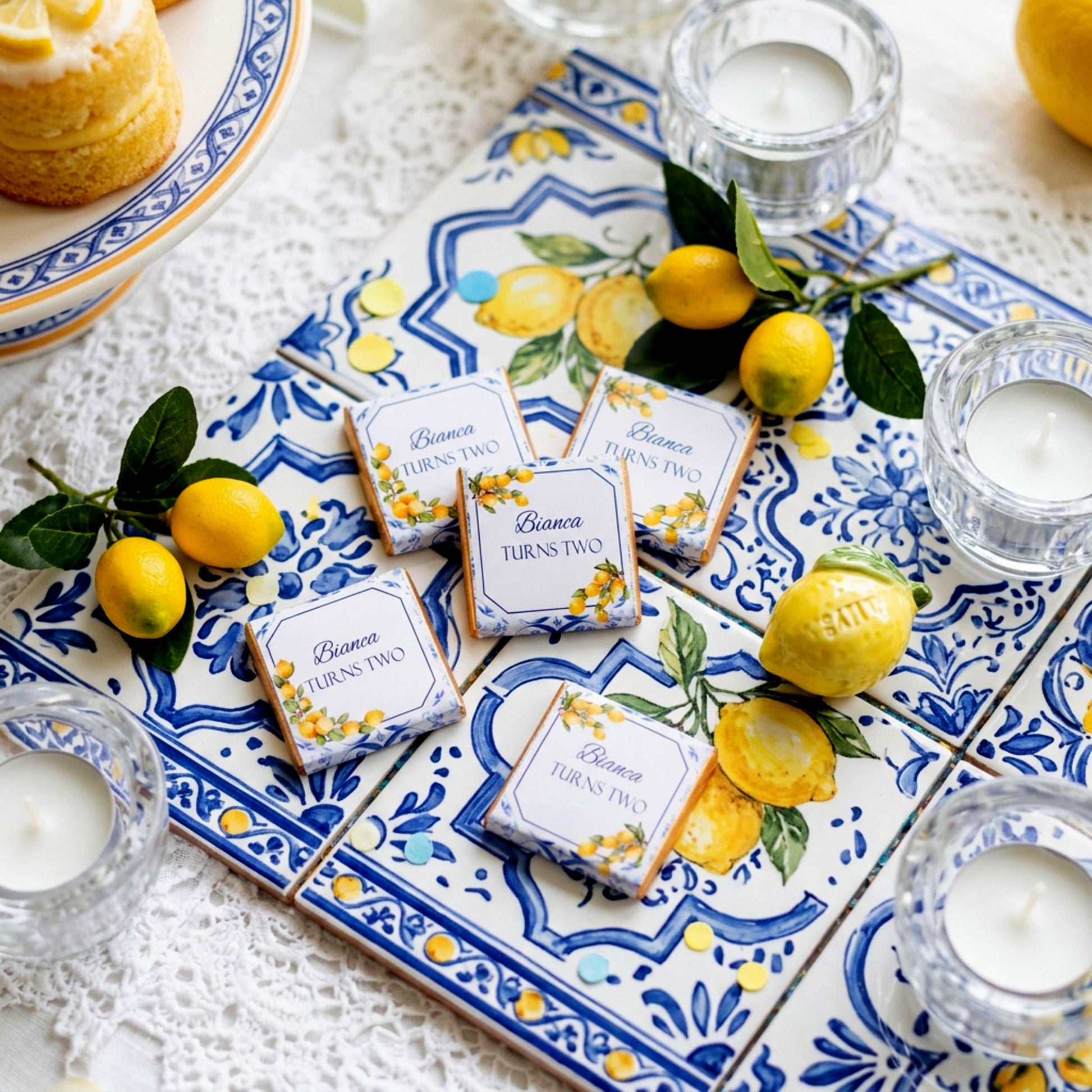 Personalised Mediterranean Lemon Chocolate Favours - Italian Blue Tile Birthday Decor - Citrus Party Bag Fillers