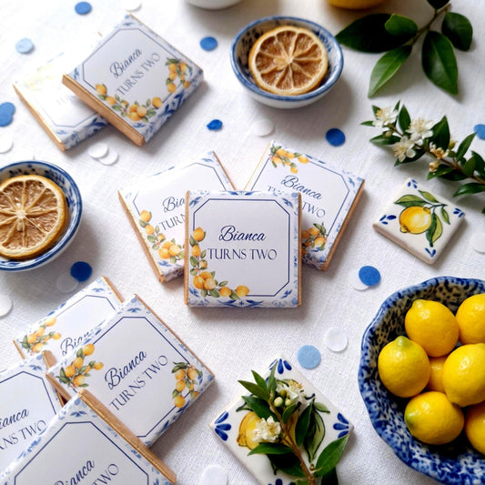 Personalised Mediterranean Lemon Chocolate Favours - Italian Blue Tile Birthday Decor - Citrus Party Bag Fillers
