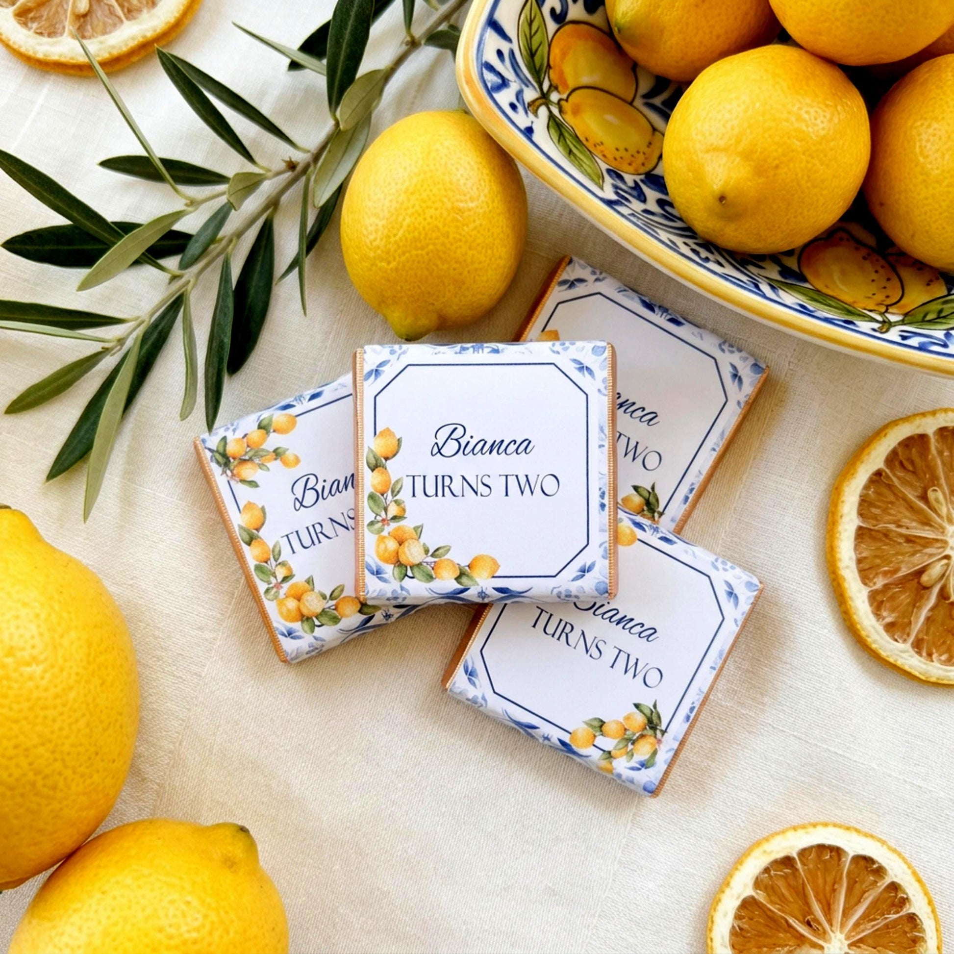 Personalised Mediterranean Lemon Chocolate Favours - Italian Blue Tile Birthday Decor - Citrus Party Bag Fillers