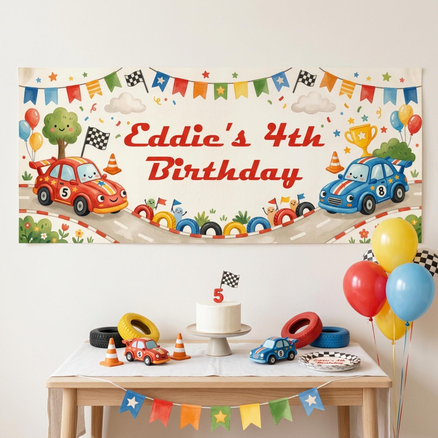 Personalised Racing Cars Birthday Banner - Kids Party Backdrop