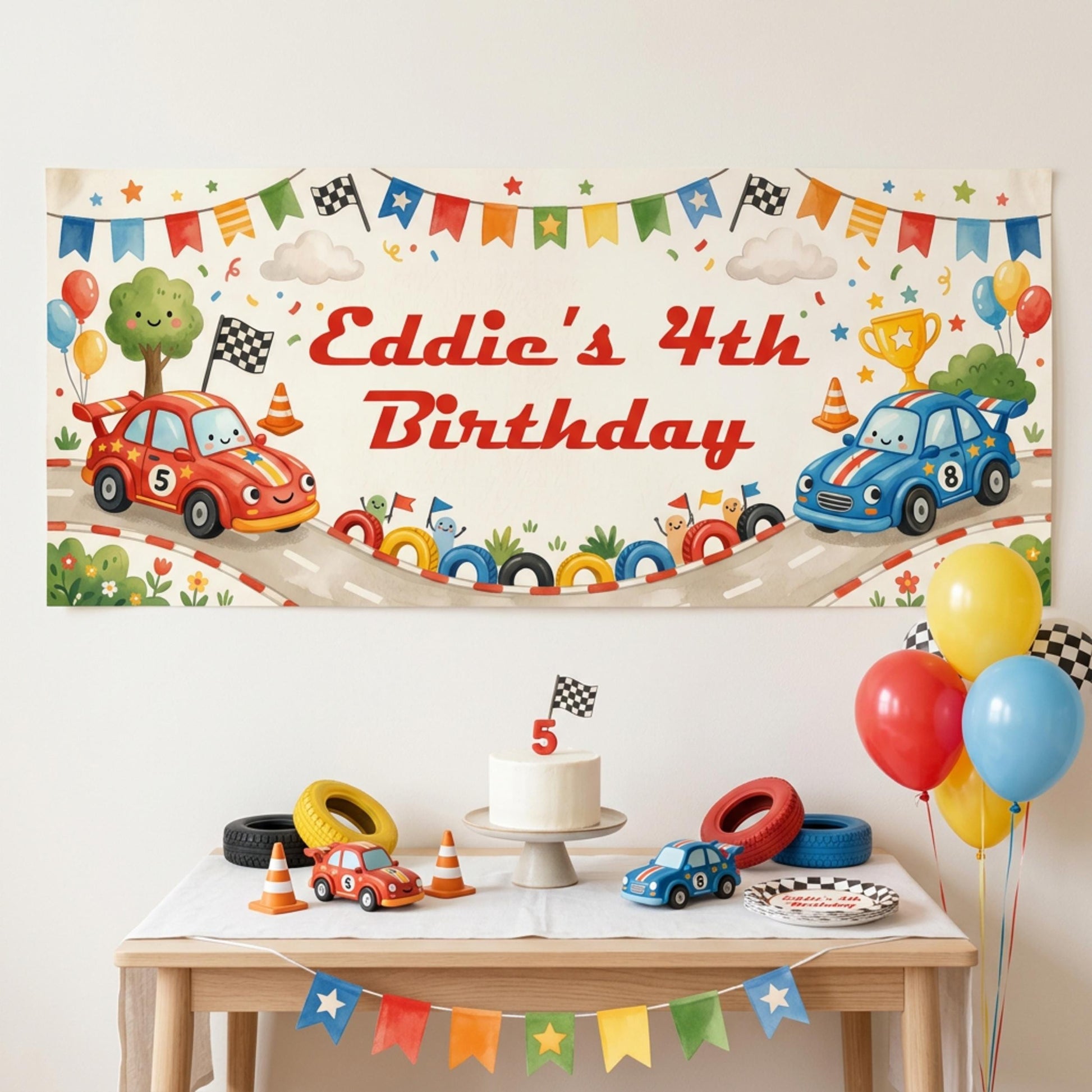 Personalised Racing Cars Birthday Banner - Kids Party Backdrop