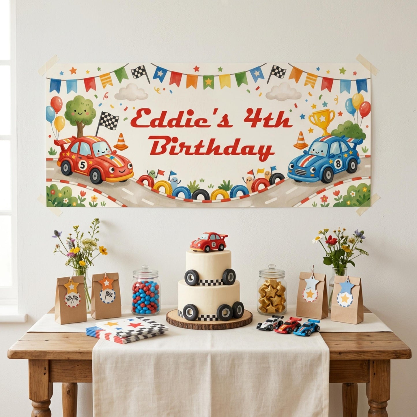 Personalised Racing Cars Birthday Banner - Kids Party Backdrop