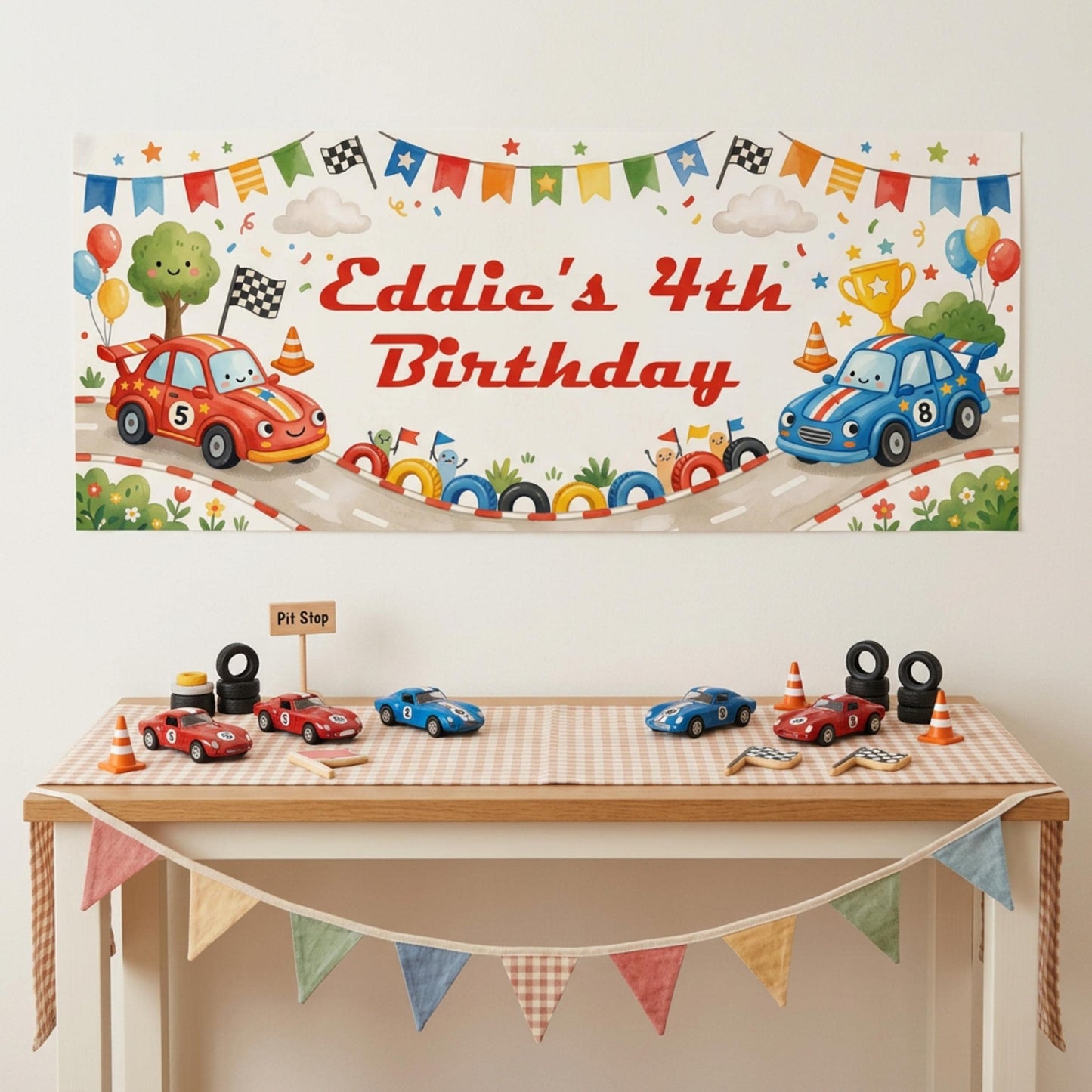 Personalised Racing Cars Birthday Banner - Kids Party Backdrop
