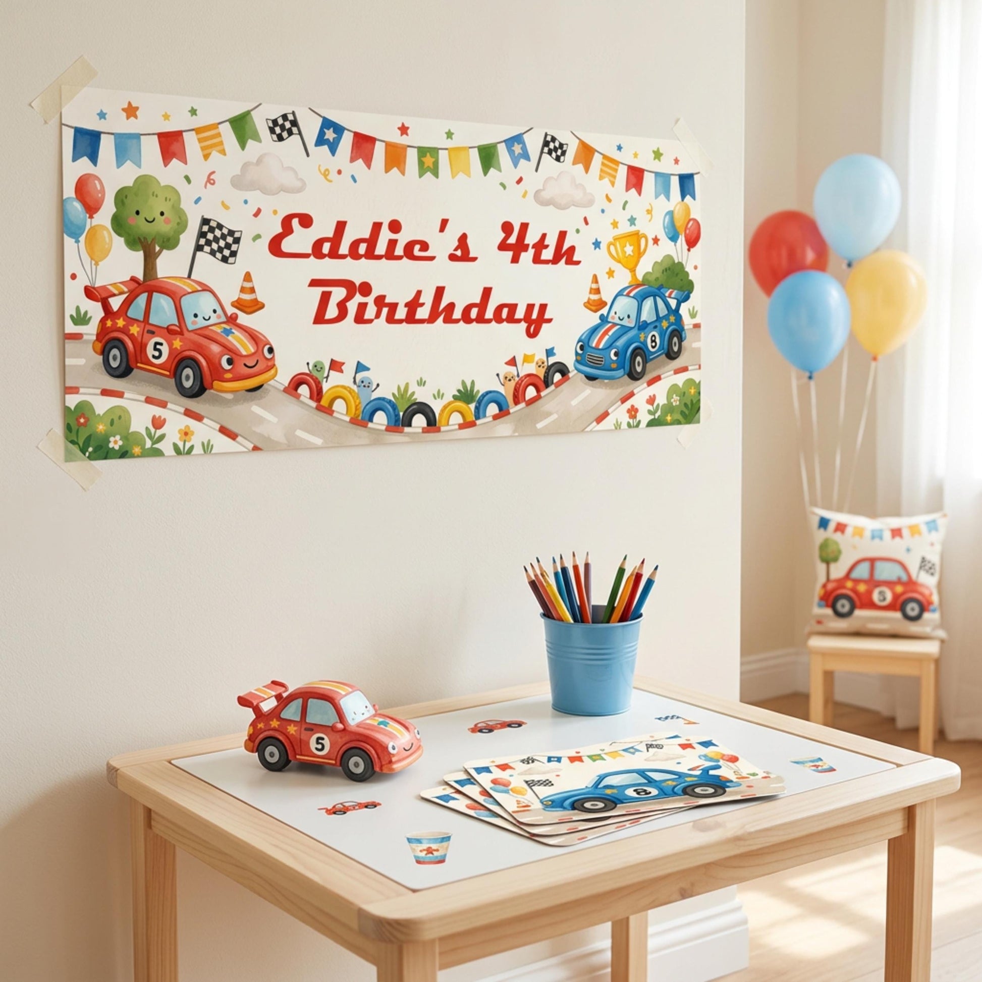 Personalised Racing Cars Birthday Banner - Kids Party Backdrop