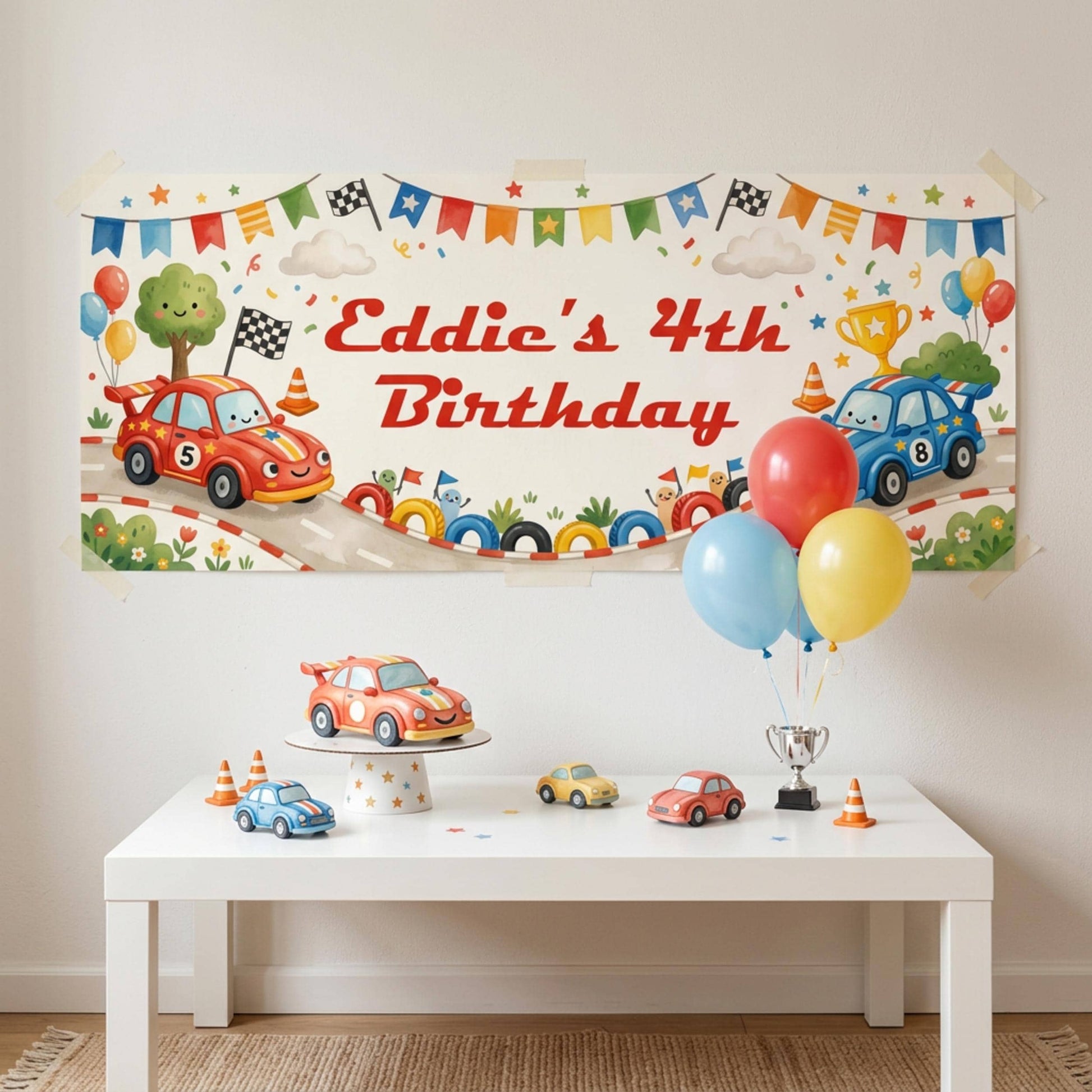 Personalised Racing Cars Birthday Banner - Kids Party Backdrop